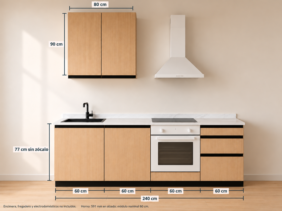Kit Cocina 240 cm para Horno Bajo – Esencial: módulos bajos 60 + 60 + 60 + 60 cm y altos 80 cm, composición con medidas.
