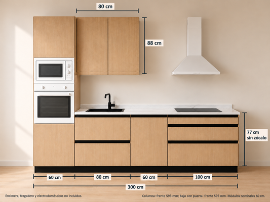 Kit Cocina 300 cm con Columna para Horno – Equilibrio: composición y medidas originales, muebles altos lisos sin tirador y muebles bajos con uñero negro.