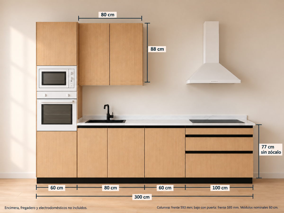 Kit Cocina 300 cm con Columna para Horno – Esencial: composición y medidas originales, muebles altos lisos sin tirador y muebles bajos con uñero negro.