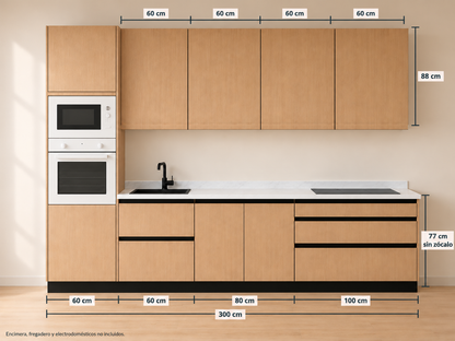 Kit Cocina 300 cm Columna Horno + Gran Almacenaje – Equilibrio: composición y medidas originales, muebles altos lisos sin tirador y muebles bajos con uñero negro.