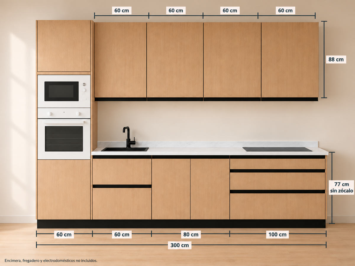 Kit Cocina 300 cm Columna Horno + Gran Almacenaje – Equilibrio: módulos bajos 60 + 60 + 80 + 100 cm y altos 60 + 60 + 60 + 60 cm, composición con medidas.