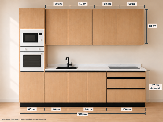 Kit Cocina 300 cm Columna Horno + Gran Almacenaje – Esencial: composición y medidas originales, muebles altos lisos sin tirador y muebles bajos con uñero negro.