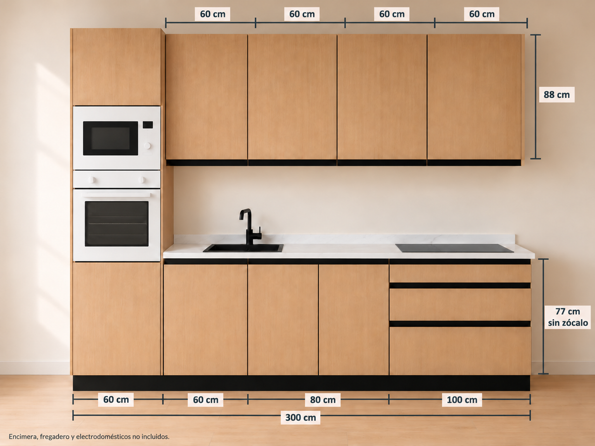 Kit Cocina 300 cm Columna Horno + Gran Almacenaje – Esencial: módulos bajos 60 + 60 + 80 + 100 cm y altos 60 + 60 + 60 + 60 cm, composición con medidas.