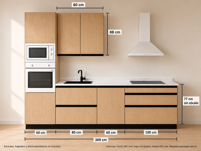 Kit Cocina 300 cm con Columna para Horno – Equilibrio: módulos bajos 60 + 80 + 60 + 100 cm y altos 80 cm, composición con medidas.