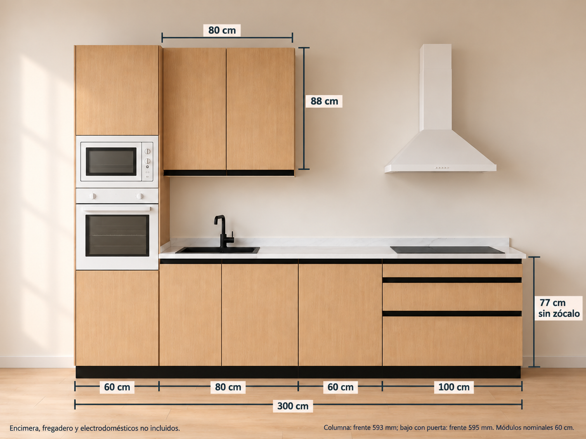 Kit Cocina 300 cm con Columna para Horno – Esencial: módulos bajos 60 + 80 + 60 + 100 cm y altos 80 cm, composición con medidas.
