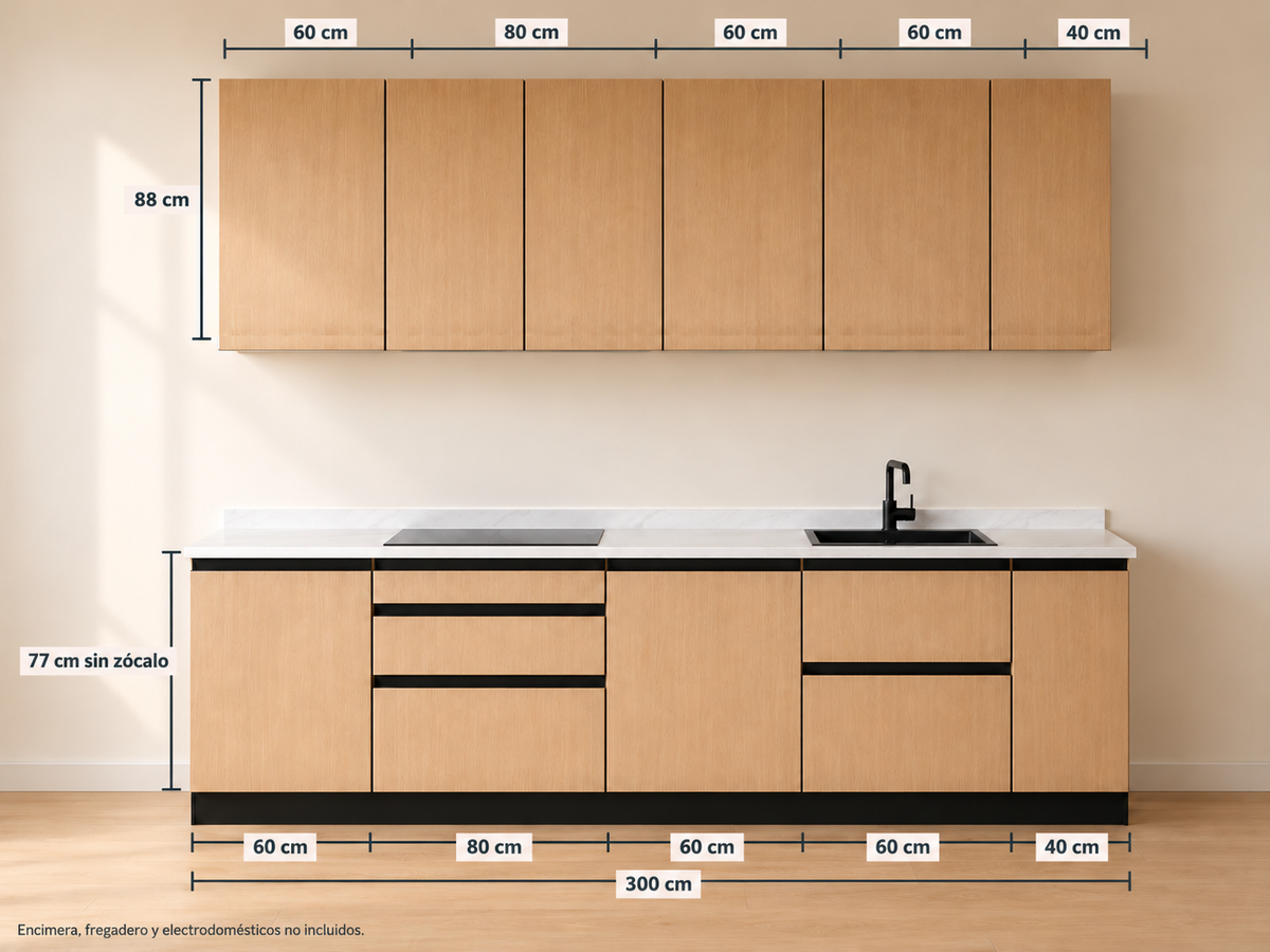 Kit Cocina 300 cm Gran Almacenaje – Equilibrio: composición y medidas originales, muebles altos lisos sin tirador y muebles bajos con uñero negro.