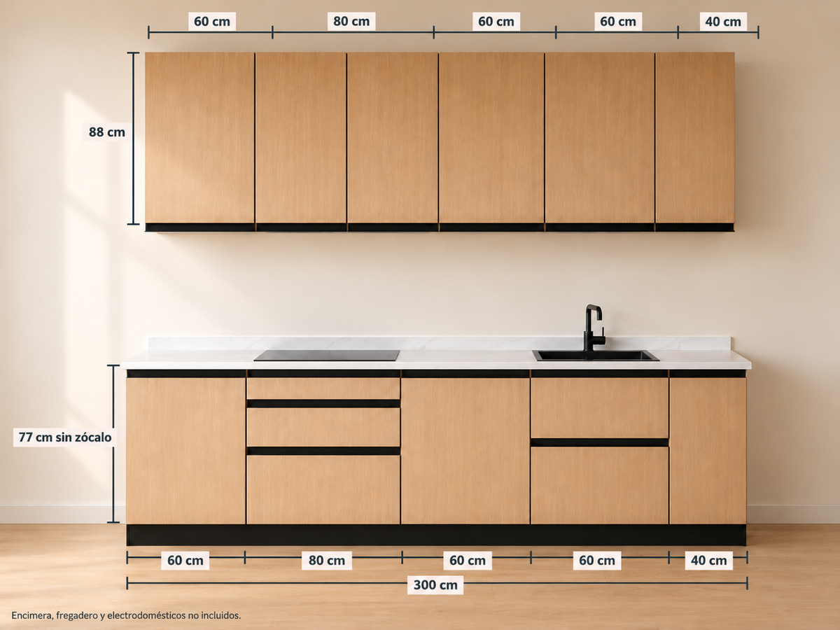 Kit Cocina 300 cm Gran Almacenaje – Equilibrio: módulos bajos 60 + 80 + 60 + 60 + 40 cm y altos 60 + 80 + 60 + 60 + 40 cm, composición con medidas.