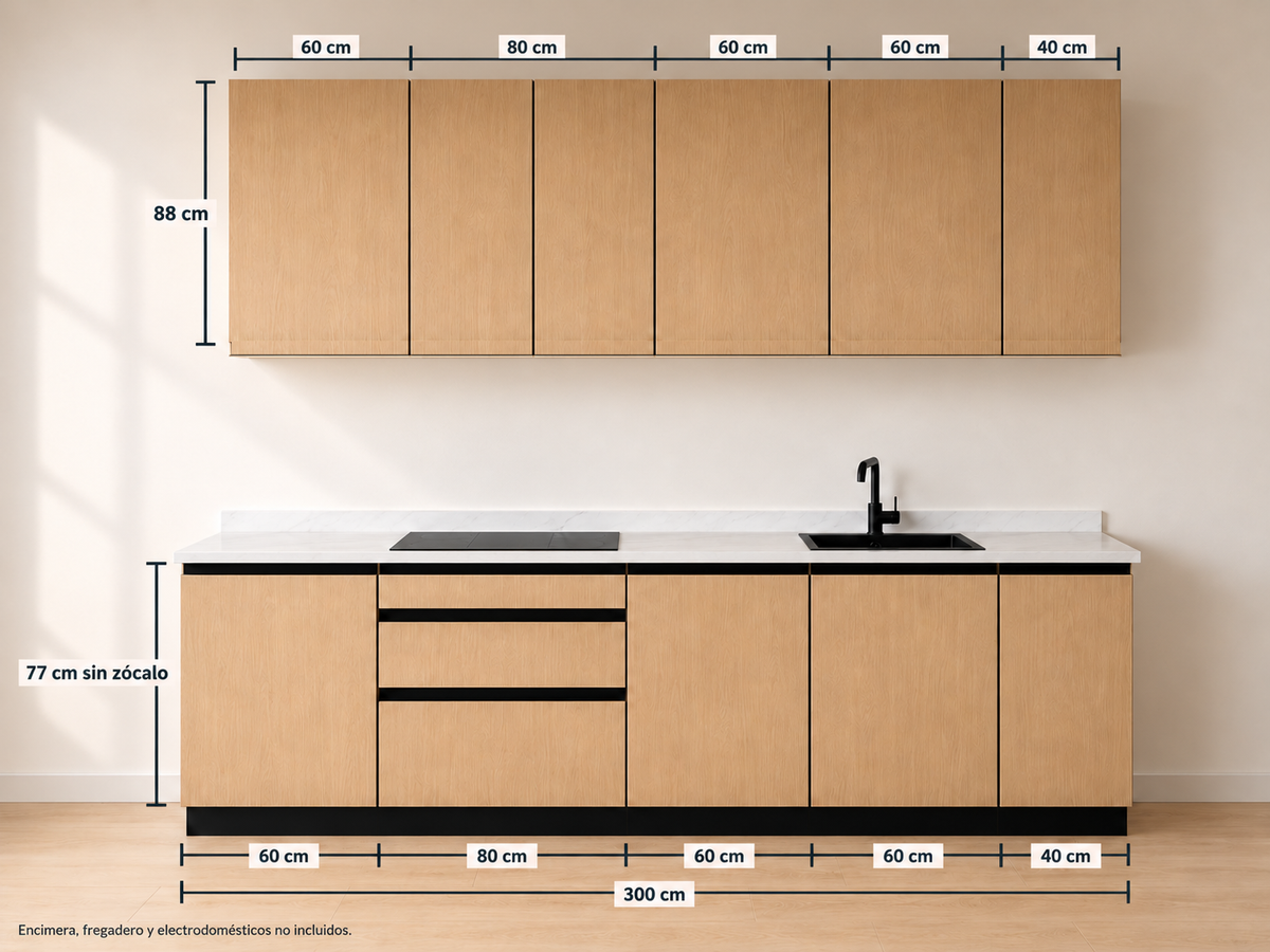 Kit Cocina 300 cm Gran Almacenaje – Esencial: composición y medidas originales, muebles altos lisos sin tirador y muebles bajos con uñero negro.