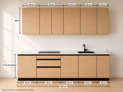 Kit Cocina 300 cm Gran Almacenaje – Esencial: composición y medidas originales, muebles altos lisos sin tirador y muebles bajos con uñero negro.