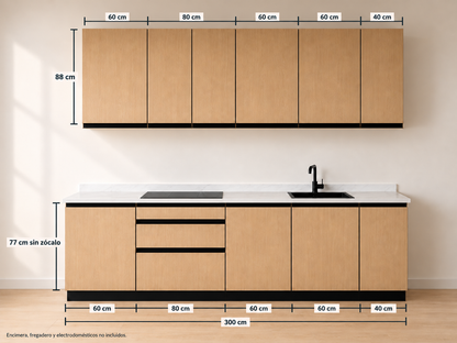 Kit Cocina 300 cm Gran Almacenaje – Esencial: módulos bajos 60 + 80 + 60 + 60 + 40 cm y altos 60 + 80 + 60 + 60 + 40 cm, composición con medidas.