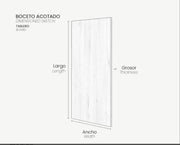 Esquema de medidas de un sobre de mesa a medida indicando largo, ancho y grosor.