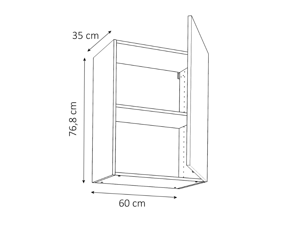 Medidas del mueble alto de cocina de 60 cm con 1 puerta: 60 cm de ancho, 76,8 cm de alto y 35 cm de fondo