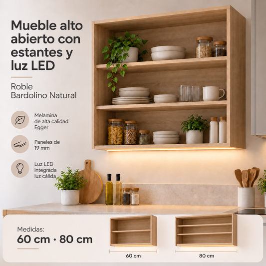 Mueble alto abierto en Roble Bardolino Natural con luz LED, 60 cm con un estante y 80 cm con dos estantes