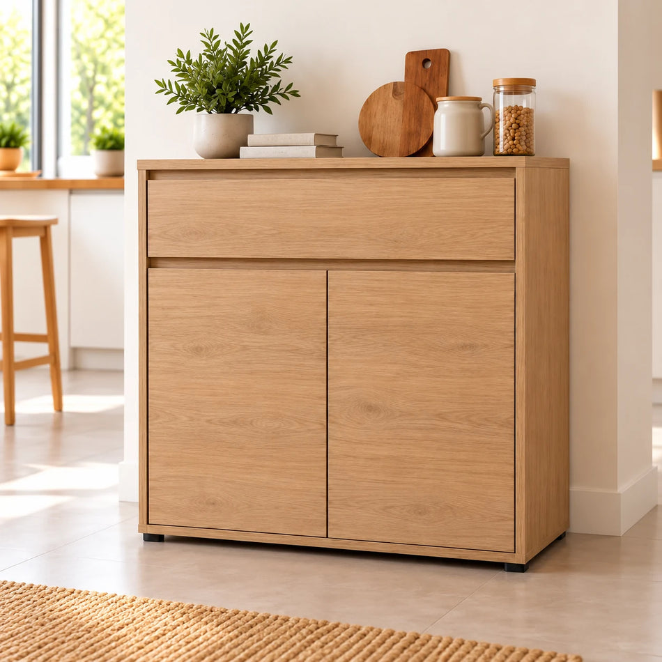 Mueble auxiliar de cocina en madera, con cajón y dos puertas