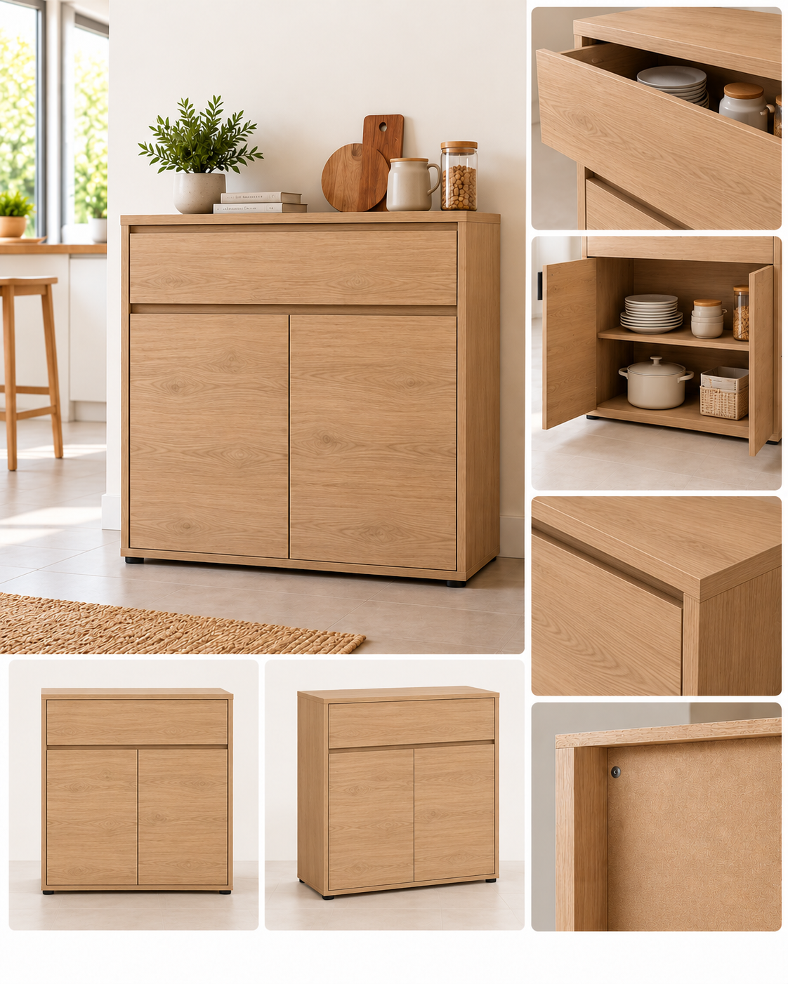 Mueble auxiliar de cocina en Egger Roble Bardolino Natural sin tiradores, con 1 cajón y 2 puertas