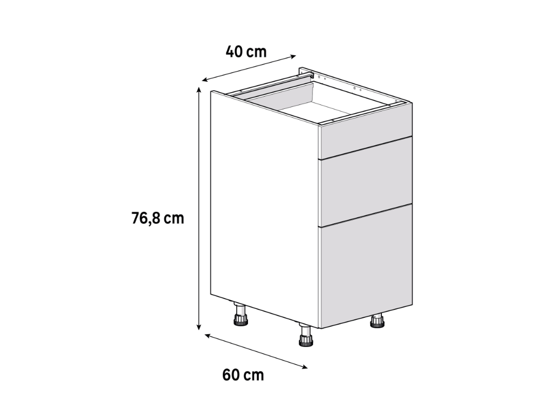 Medidas del mueble bajo de cocina de 40 cm con 1 cajón y 2 caceroleros: 40 cm de ancho, 76,8 cm de alto y 60 cm de fondo