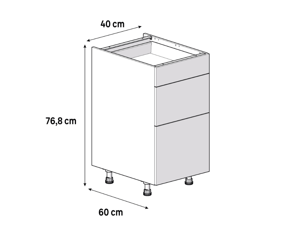 Medidas del mueble bajo de cocina de 40 cm con 3 cajones: 40 cm de ancho, 76,8 cm de alto y 60 cm de fondo