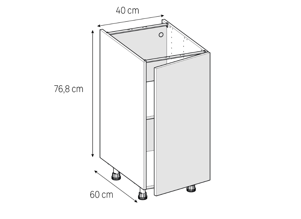Medidas del mueble bajo de cocina de 40 cm: 40 cm de ancho, 76,8 cm de alto y 60 cm de fondo