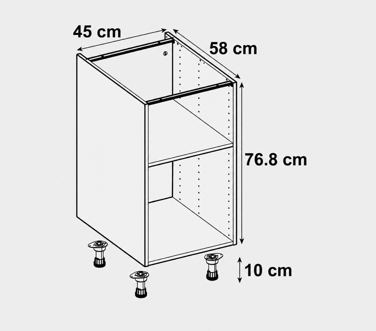 Medidas del mueble bajo de cocina de 45 cm con 2 caceroleros: 45 cm de ancho, 76,8 cm de alto y 58 cm de fondo, con patas de 10 cm