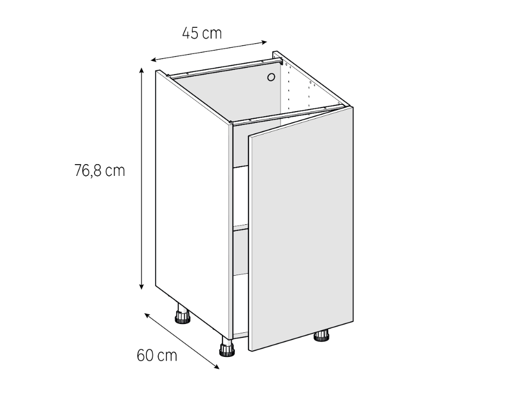 Medidas del mueble bajo de cocina de 45 cm: 45 cm de ancho, 76,8 cm de alto y 60 cm de fondo