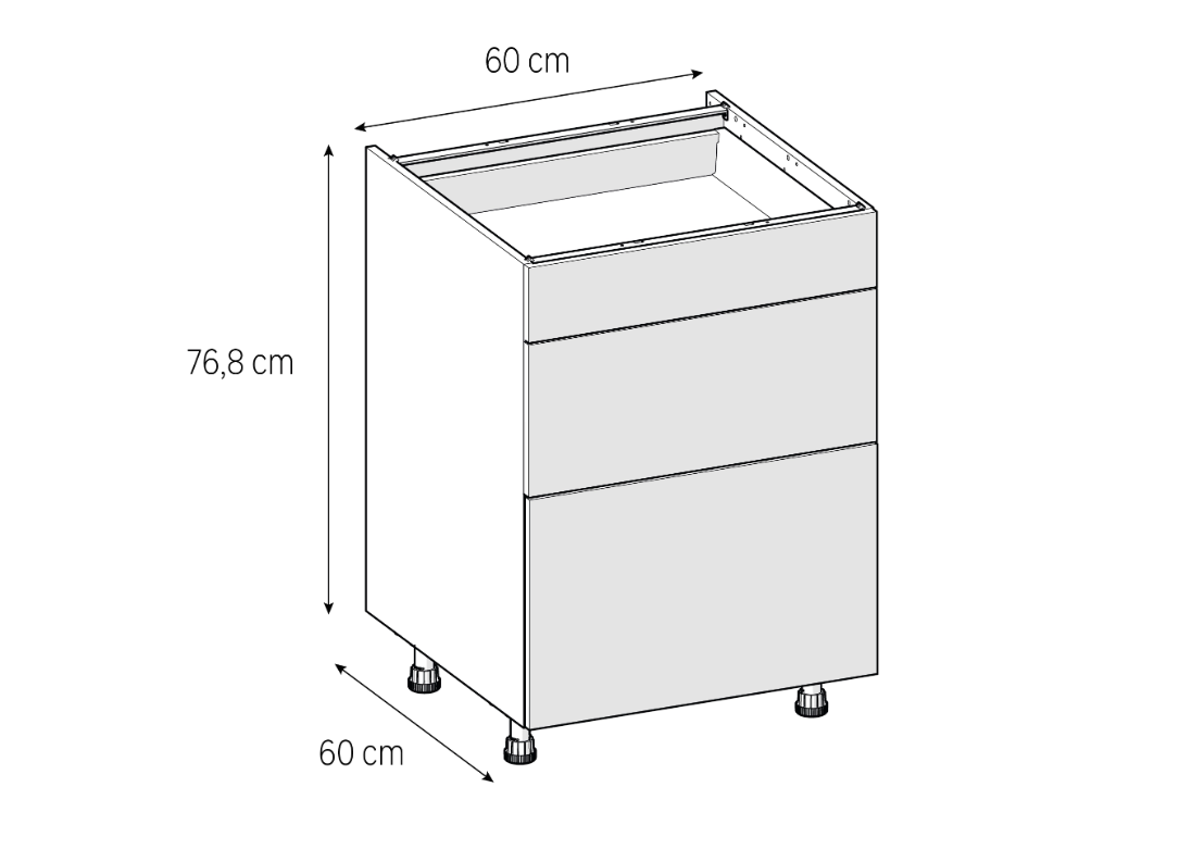 Medidas del mueble bajo de cocina de 60 cm con 1 cajón y 2 caceroleros: 60 cm de ancho, 76,8 cm de alto y 60 cm de fondo