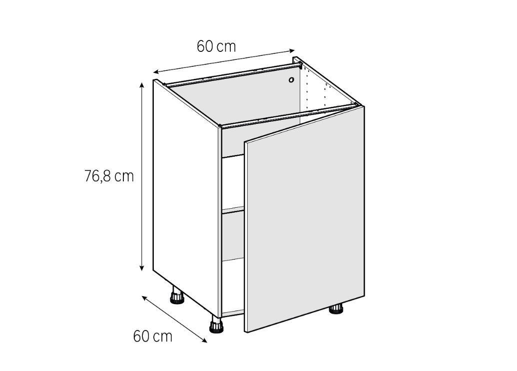 Medidas del mueble bajo de cocina de 60 cm: 60 cm de ancho, 76,8 cm de alto y 60 cm de fondo