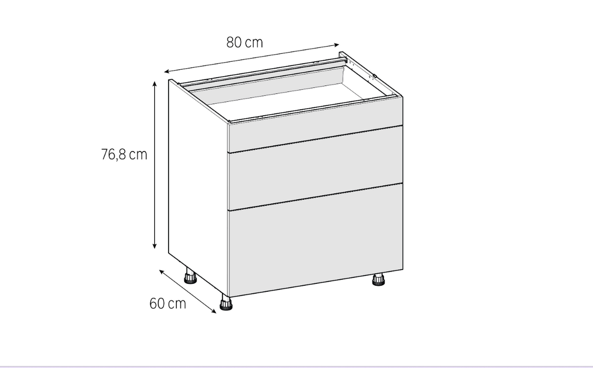 Medidas del mueble bajo de cocina de 80 cm con 1 cajón y 2 caceroleros: 80 cm de ancho, 76,8 cm de alto y 60 cm de fondo