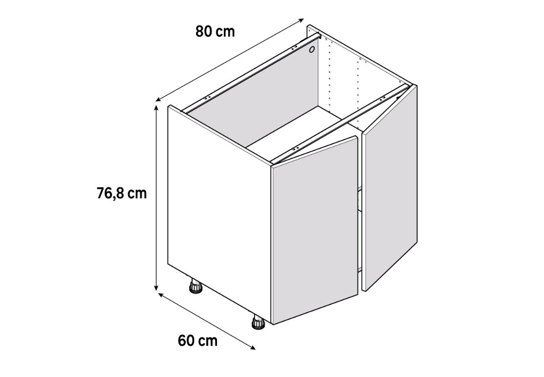 Medidas del mueble bajo de cocina de 80 cm con 2 puertas: 80 cm de ancho, 76,8 cm de alto y 60 cm de fondo