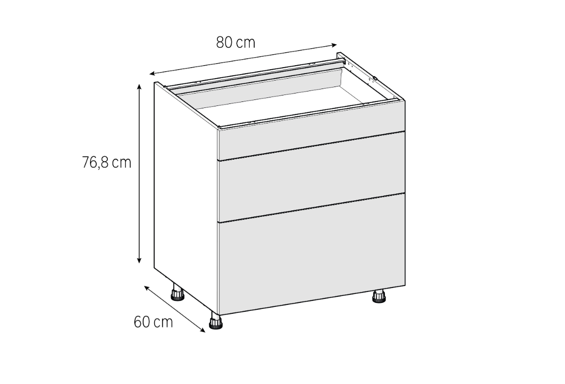 Medidas del mueble bajo de cocina de 80 cm con 3 cajones: 80 cm de ancho, 76,8 cm de alto y 60 cm de fondo