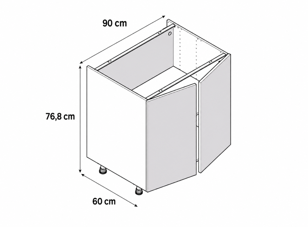 Medidas del mueble bajo de cocina de 90 cm con 2 puertas: 90 cm de ancho, 76,8 cm de alto y 60 cm de fondo