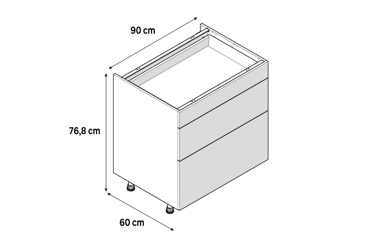 Medidas del mueble bajo de cocina de 90 cm con 3 cajones: 90 cm de ancho, 76,8 cm de alto y 60 cm de fondo