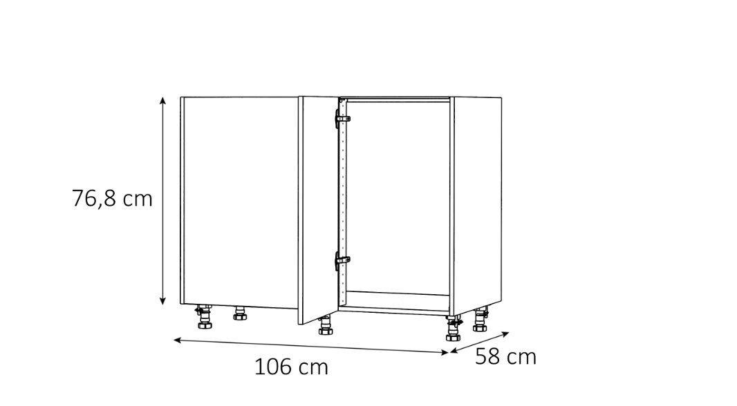 Medidas del mueble bajo de rincón recto de cocina: 106 cm de ancho, 76,8 cm de alto y 58 cm de fondo