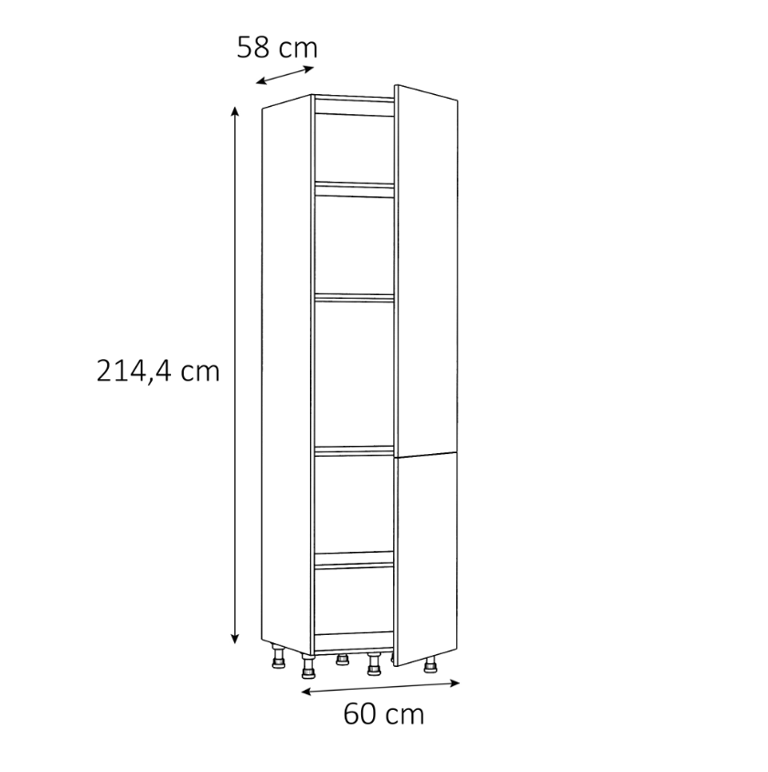 Medidas del mueble columna de cocina multiuso: 214,4 cm de alto, 60 cm de ancho y 58 cm de fondo