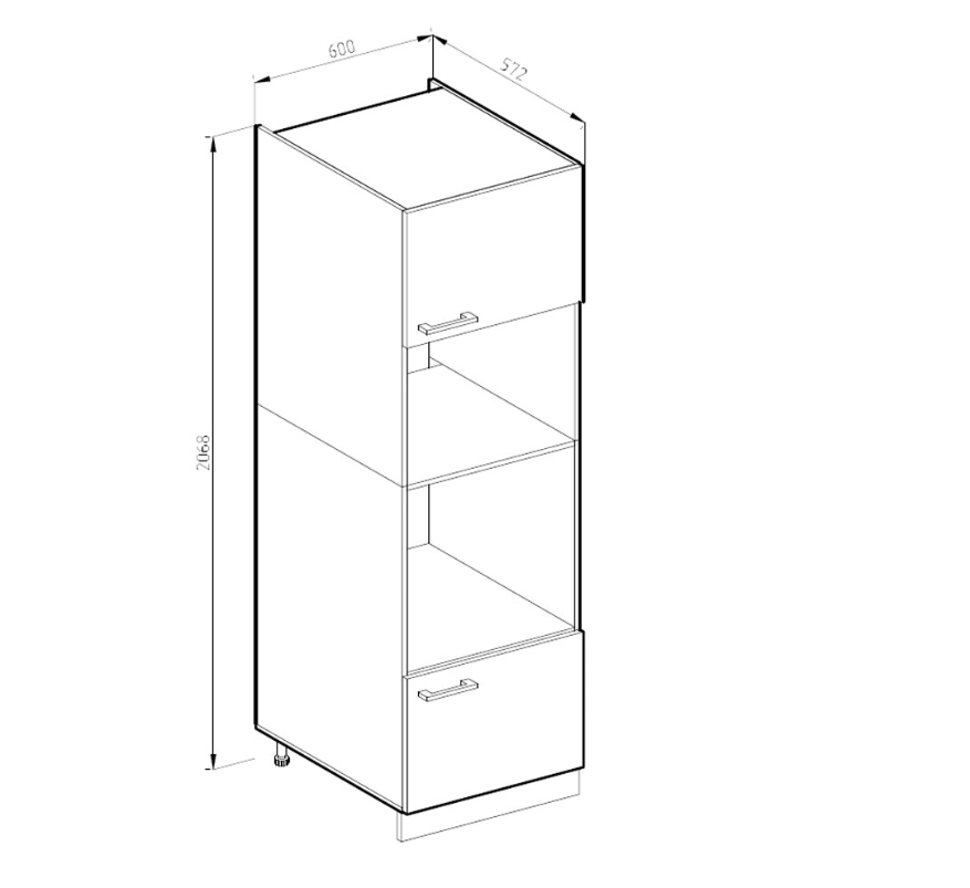Medidas del mueble columna para horno y microondas: 206,8 cm de alto, 60 cm de ancho y 57,2 cm de fondo