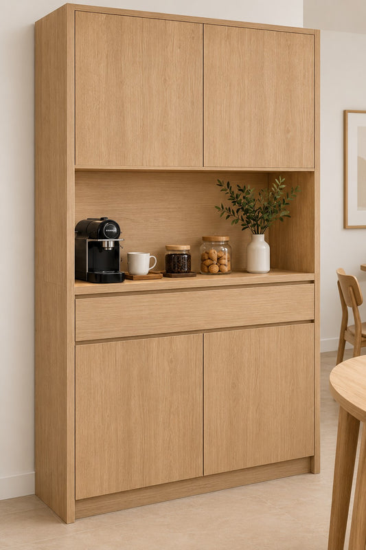 Mueble desayunador a medida en Roble Bardolino Natural con armario superior de 2 puertas, zona abierta para café, 1 cajón y 2 puertas inferiores