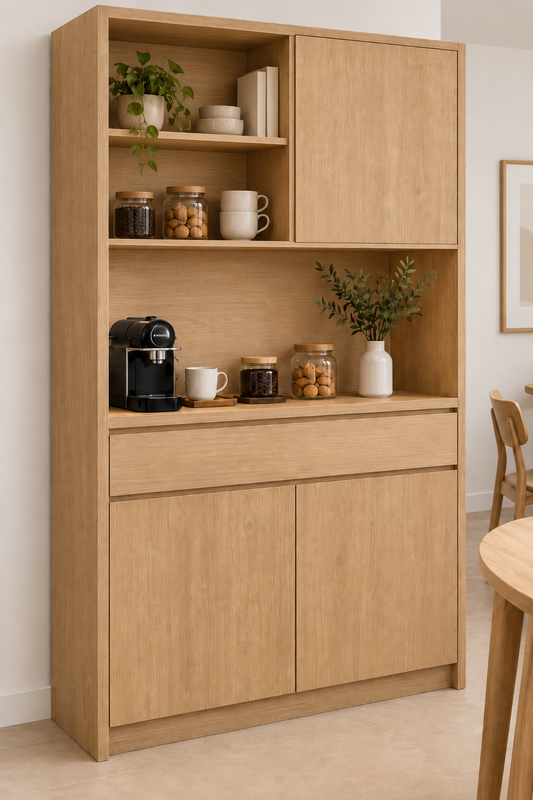 Mueble desayunador a medida en Roble Bardolino Natural con estante superior, una puerta, zona de café, 1 cajón y 2 puertas inferiores