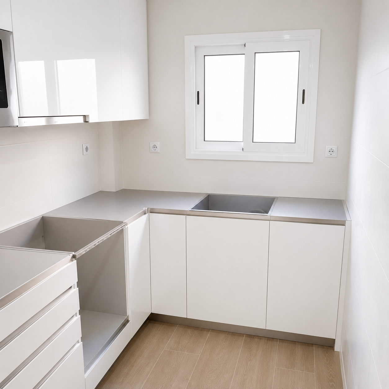Cocina blanca en U con muebles sin tiradores, encimera gris, cajones y fregadero bajo la ventana